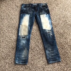 Taker Jeans Distressed Patches Men’s SZ 34 Waist 32 inseam  Blue Denim